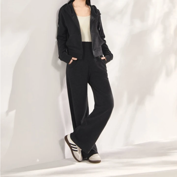 燕苹秋季新款可调节连帽上衣弹力腰直筒裤羊毛云朵气质套装A6631