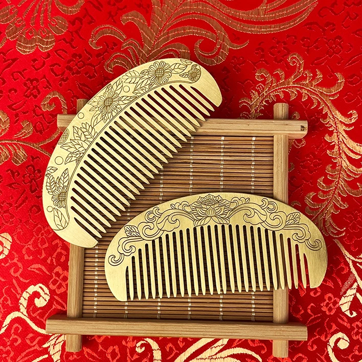 黄铜材质发梳一梳百顺新款铜制工艺品双面雕花细齿黄铜梳送礼