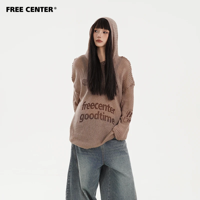 Free Center凉感防晒针织罩衫女镂空字母印花长袖连帽宽松外套潮