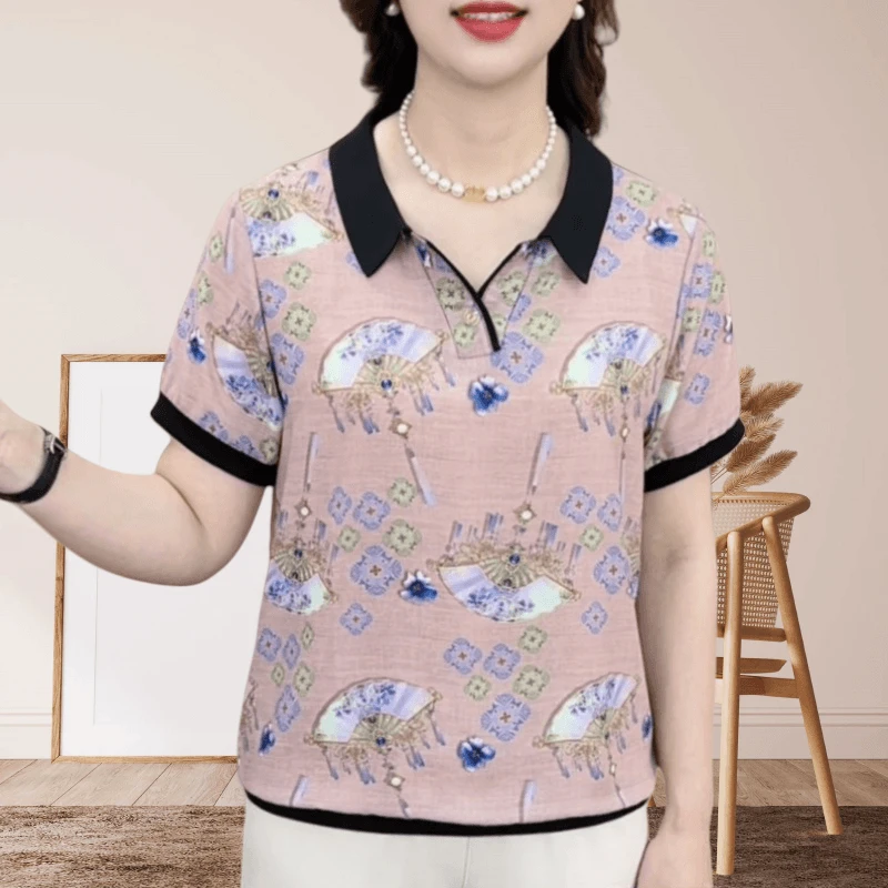 时尚精致翻领印花高级感短袖T恤女气质显瘦百搭洋气减龄薄款上衣