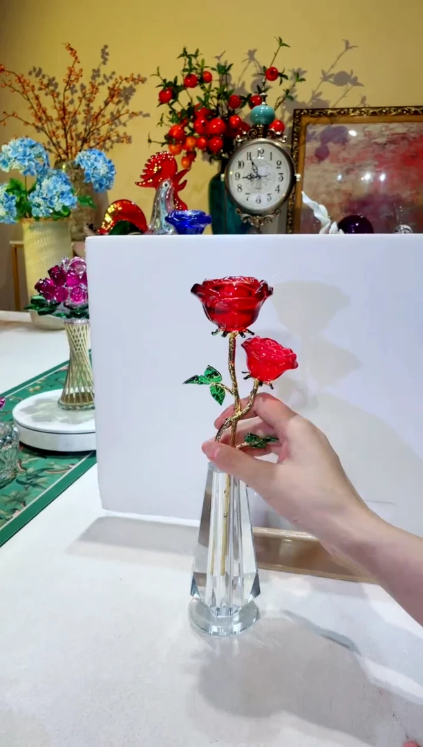 琉璃手工艺品红色水晶玫瑰