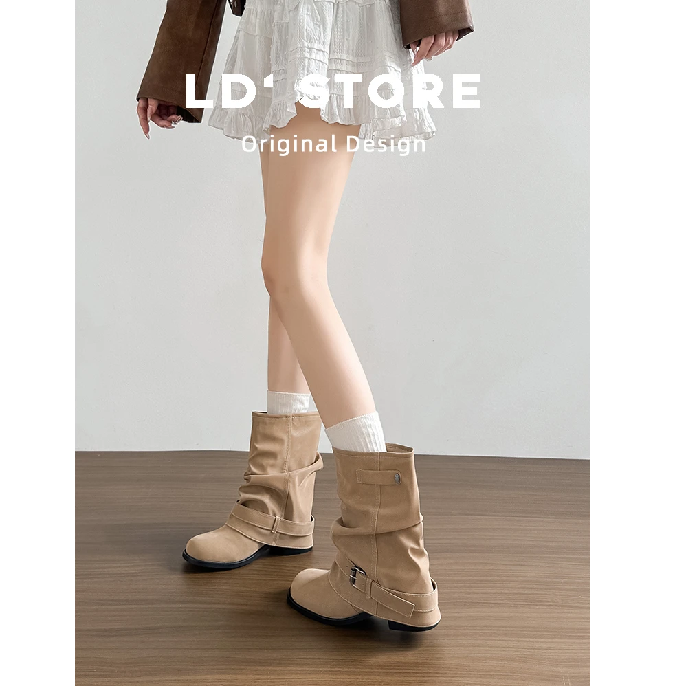 现货~内增高西部牛仔堆堆靴女2025秋褶皱裤管短靴复古骑士马丁靴