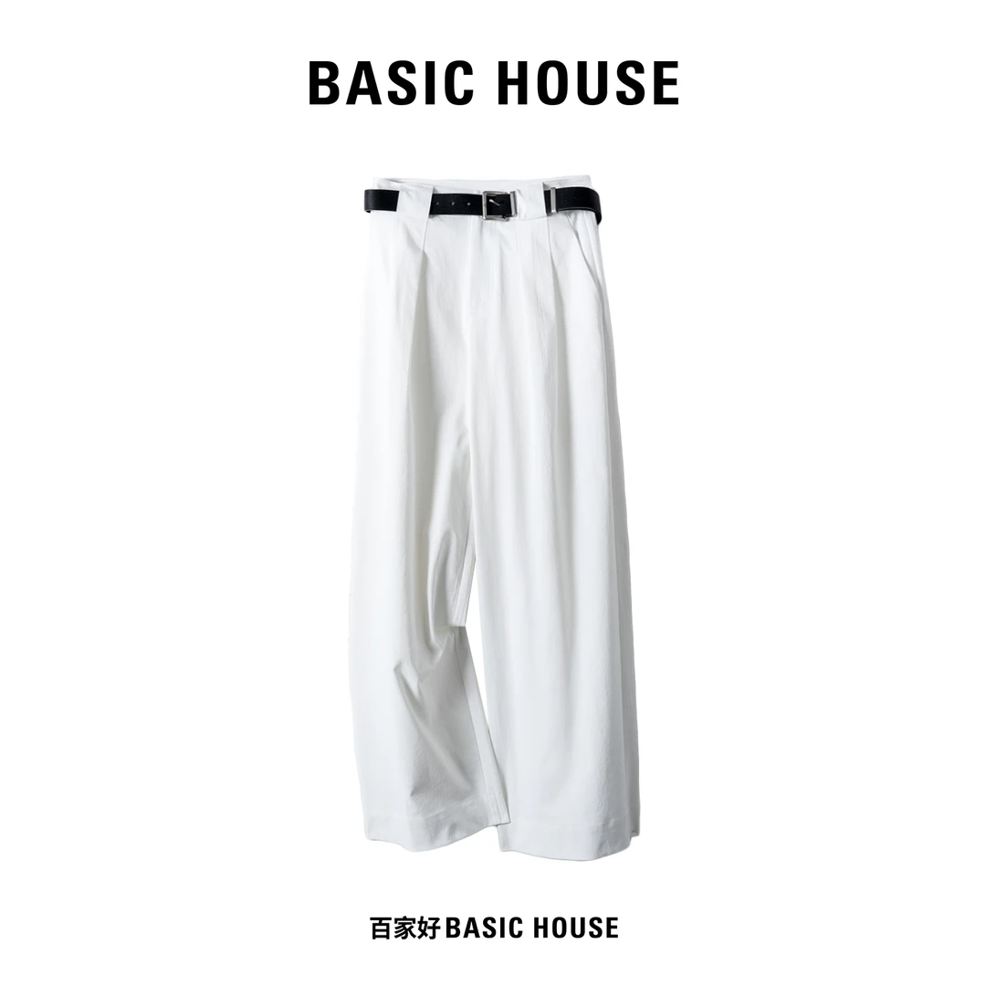 Basic House/百家好2025新款宽松纯色休闲百搭褶皱休闲裤2242YY