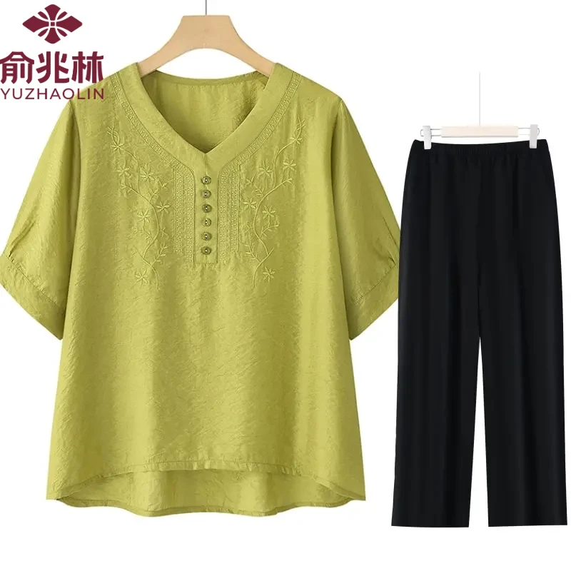 俞兆林洋气夏季T恤+裤子套装国风中老年女装大码小衫宽松新中式女