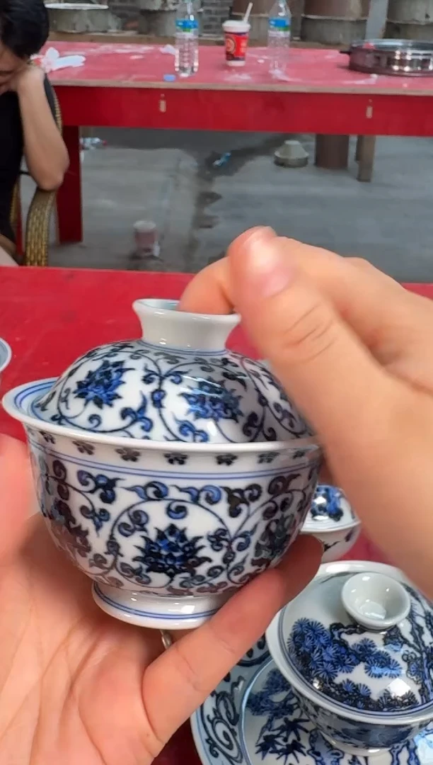 三方器合缠枝莲双狮盖碗