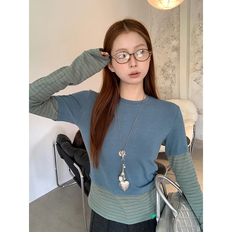 【秋秋清仓】冬季撞色条纹圆领长袖假俩件T恤244V3591