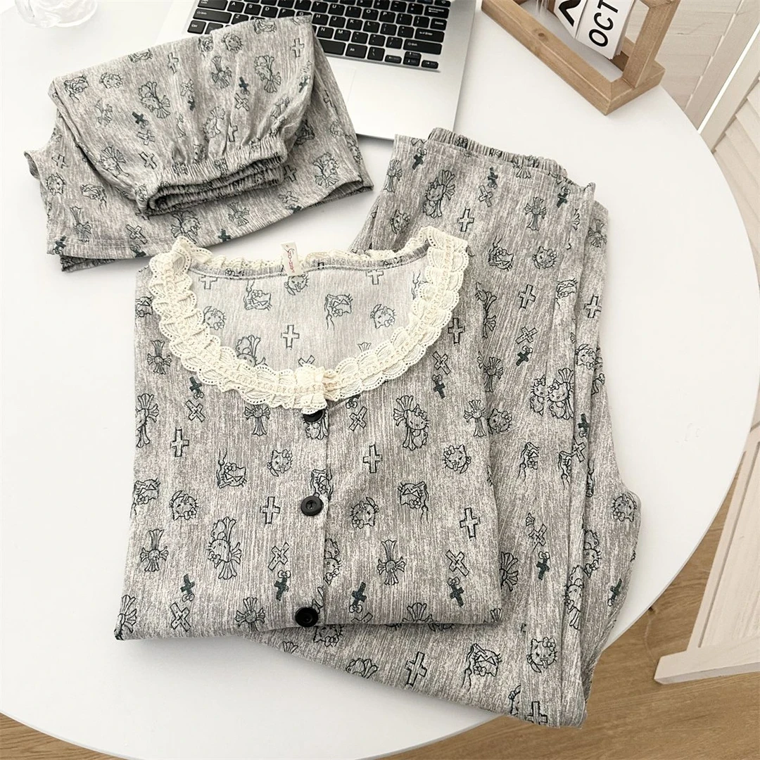 『花边克罗心』夏季甜美夏款女士睡衣圆领薄款透气大码三件套家居服