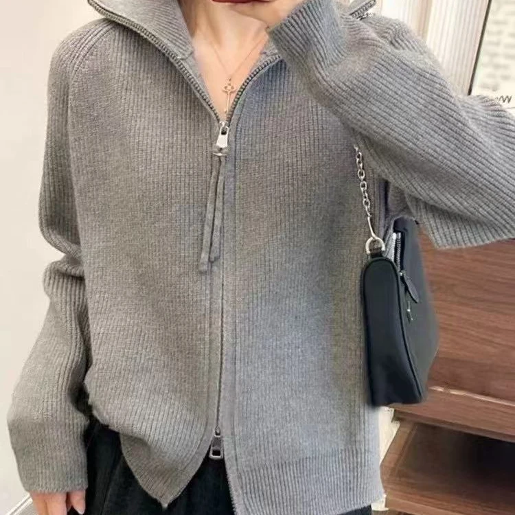 33368双拉链高领毛衣外套女秋冬新款宽松百搭显瘦休闲