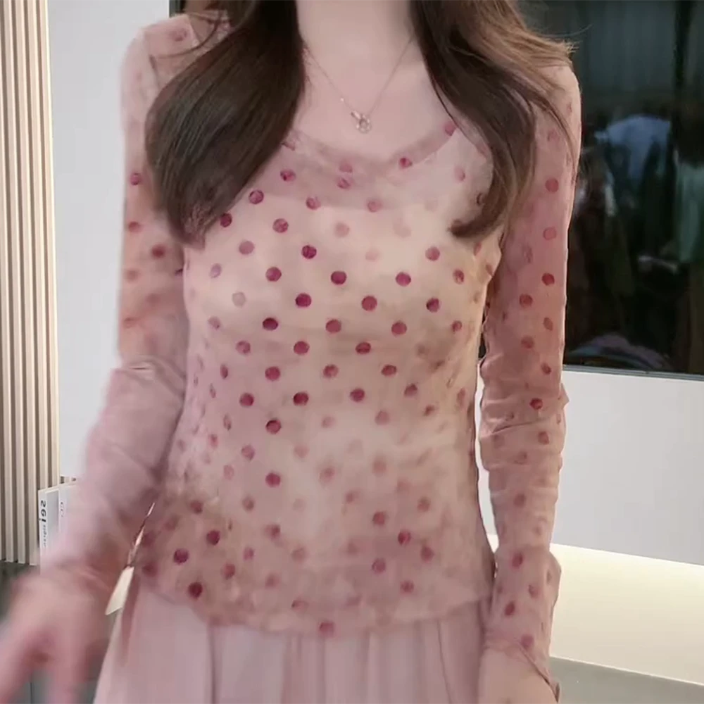 洋气微透设计感时尚波点小衫修身显瘦凉感长袖上衣百搭打底圆领