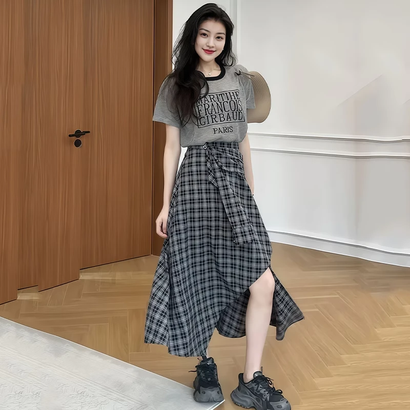 美式复古字母印花正肩短袖上衣女2025夏季不规则格子半身裙两件套