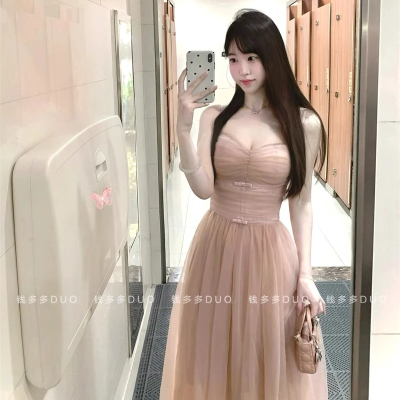 芭蕾风party甜辣小礼裙高级感甜美蝴蝶结网纱拼接吊带连衣裙长裙