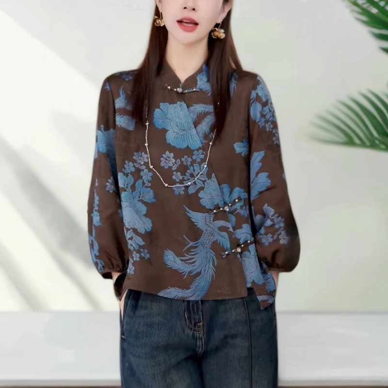 新中式提花人丝衬衫唐装中国风女装衬衣春秋新款七分袖设计感上衣