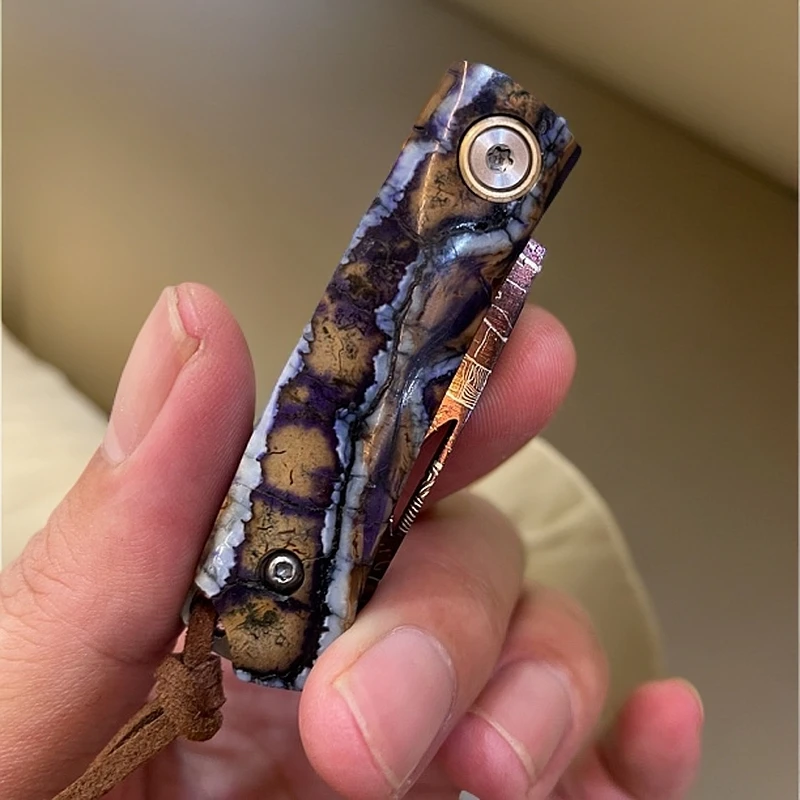 （收藏版）小巧盘玩精致小刀猛犸臼齿马赛克人脸大马士革烤蓝