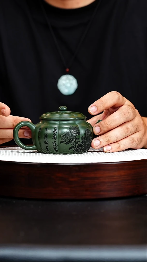 茶壶紫砂宜兴紫砂 绿泥 筋纹 梅付春