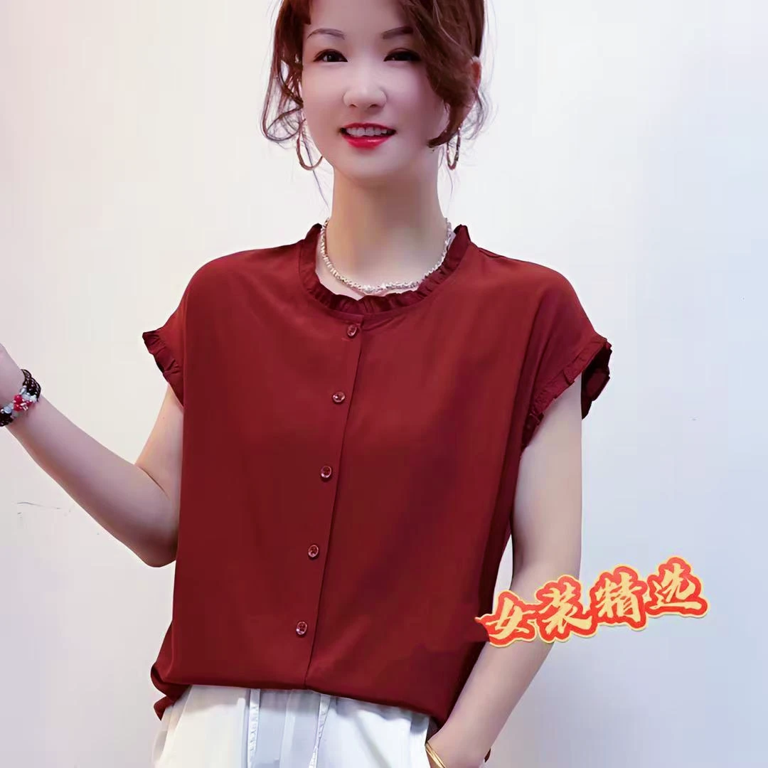 夏款木耳边休闲洋气纯色套头衬衫复古先手单排扣百搭无袖T恤
