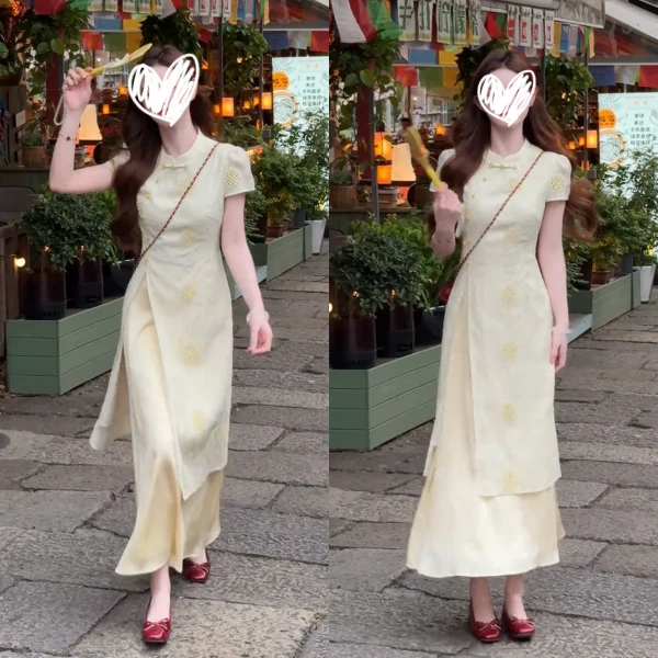 新中式国风女装2025新款夏季改良旗袍黄色不规则拼接收腰连衣裙子