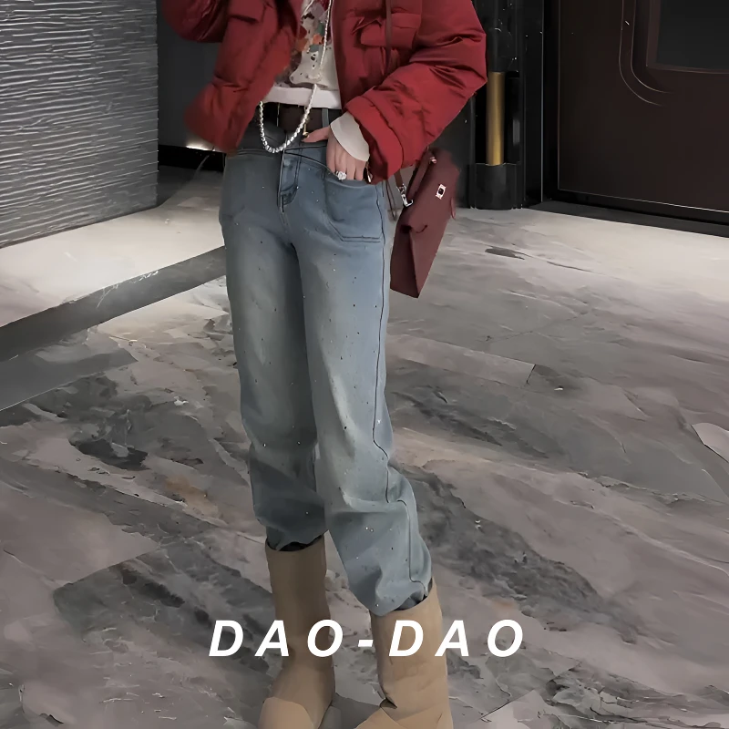 2025秋冬流行款满天星烫钻加绒直筒牛仔裤女欧美风今年超火阔腿裤