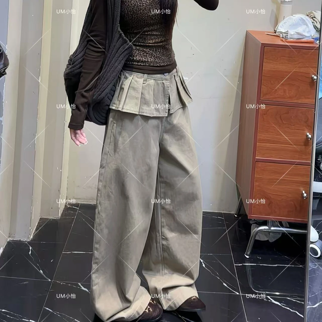 鑫怡定制【几何褶光】秋季新款美式复古女假两件显瘦休闲宽松阔腿裤