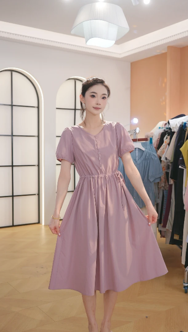 Z8631 2025夏季新款女装连衣裙短袖轻奢时尚收腰中长款