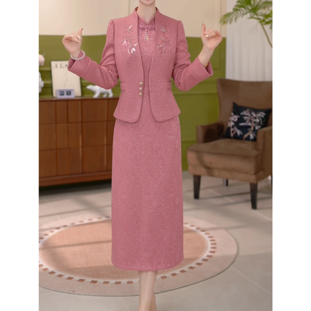 复古国风时尚修身刺绣套装女2025秋季新款端庄大气减龄裙装两件套