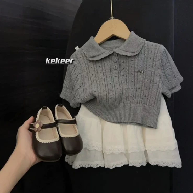 【陈思晨】亲子款-女童夏季新款T恤韩版针织短袖翻领百搭灰色上衣