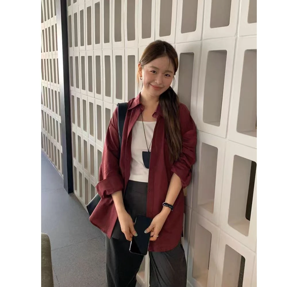 轻熟风复古长袖衬衫女休闲宽松显白polo领韩版显瘦防晒上衣外套