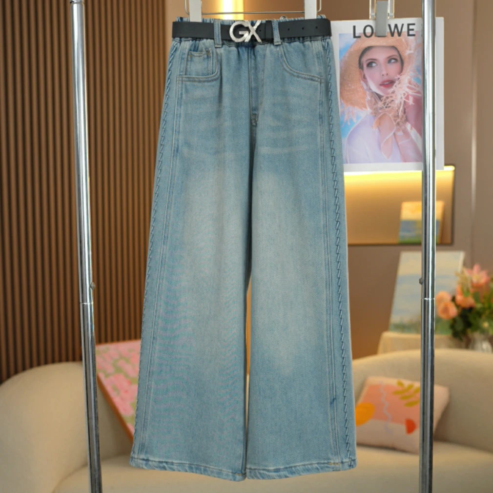 女童2025春夏新款侧面设计款直筒阔腿裤中大童时尚百搭儿童牛仔裤