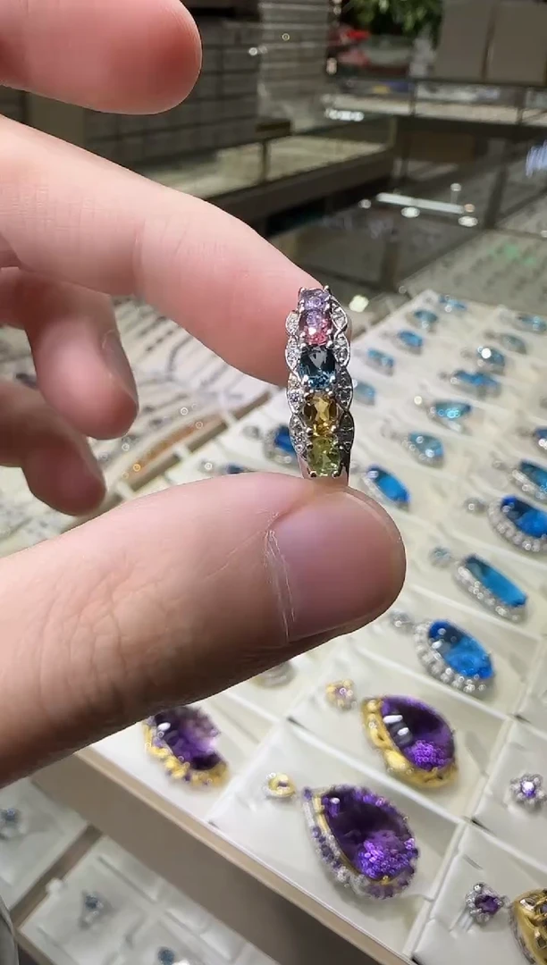 银S925镶嵌戒指托帕石多彩宝石排戒6mm