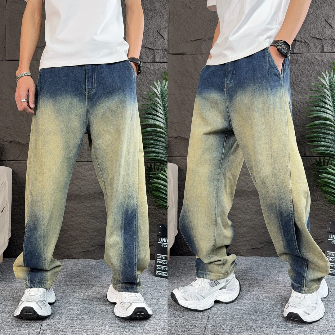 美式水洗做旧牛仔裤男春季款复古工艺直筒阔腿裤帅气炸街休闲长裤