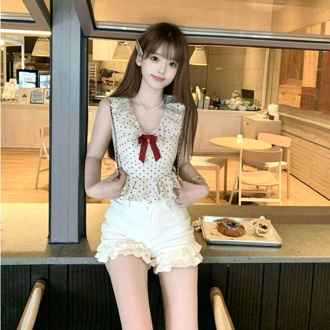 【木质橙花】韩系甜美少女夏季红波点蝴蝶结上衣配水洗牛仔短裤套装