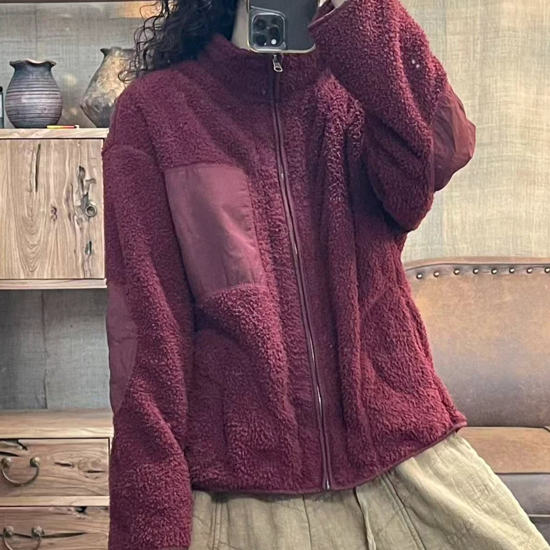 [四月阳光]冬季颗粒绒水洗做旧拼贴休闲女士外套(长60胸围118)