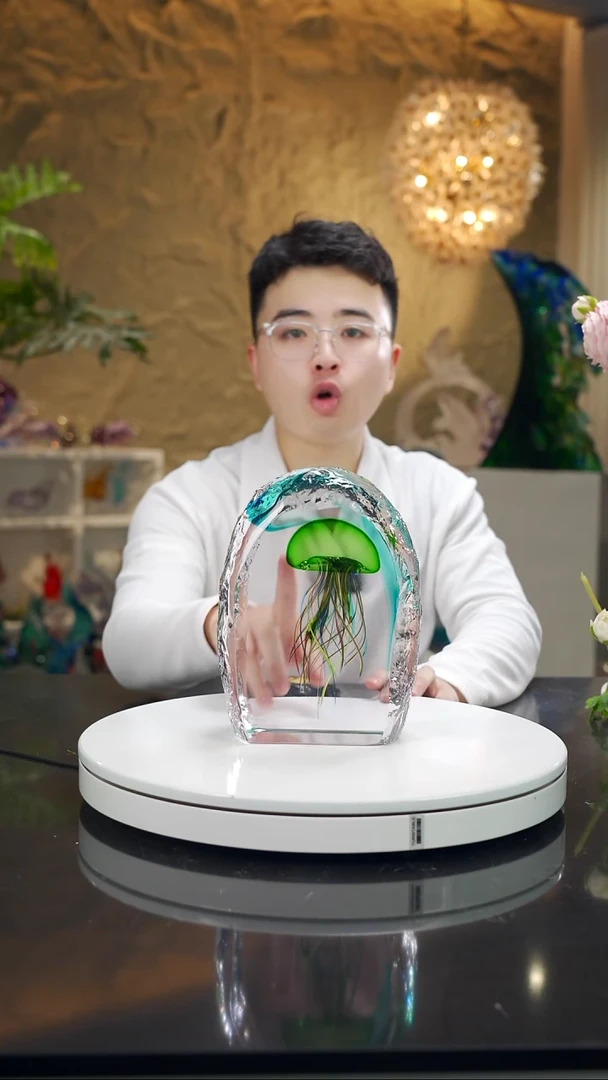 手工艺品琉璃蓝绿色水波纹水母摆件