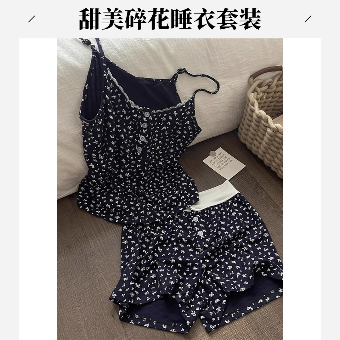 甜美小碎花吊带睡衣女2025年夏新款纯欲风短裤家居服大码套装外穿
