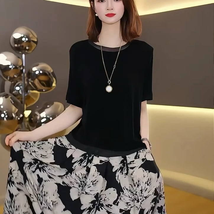 2025夏季小个子减龄显瘦漂亮洋气上衣黑色轻纱醋酸短袖t恤女薄款