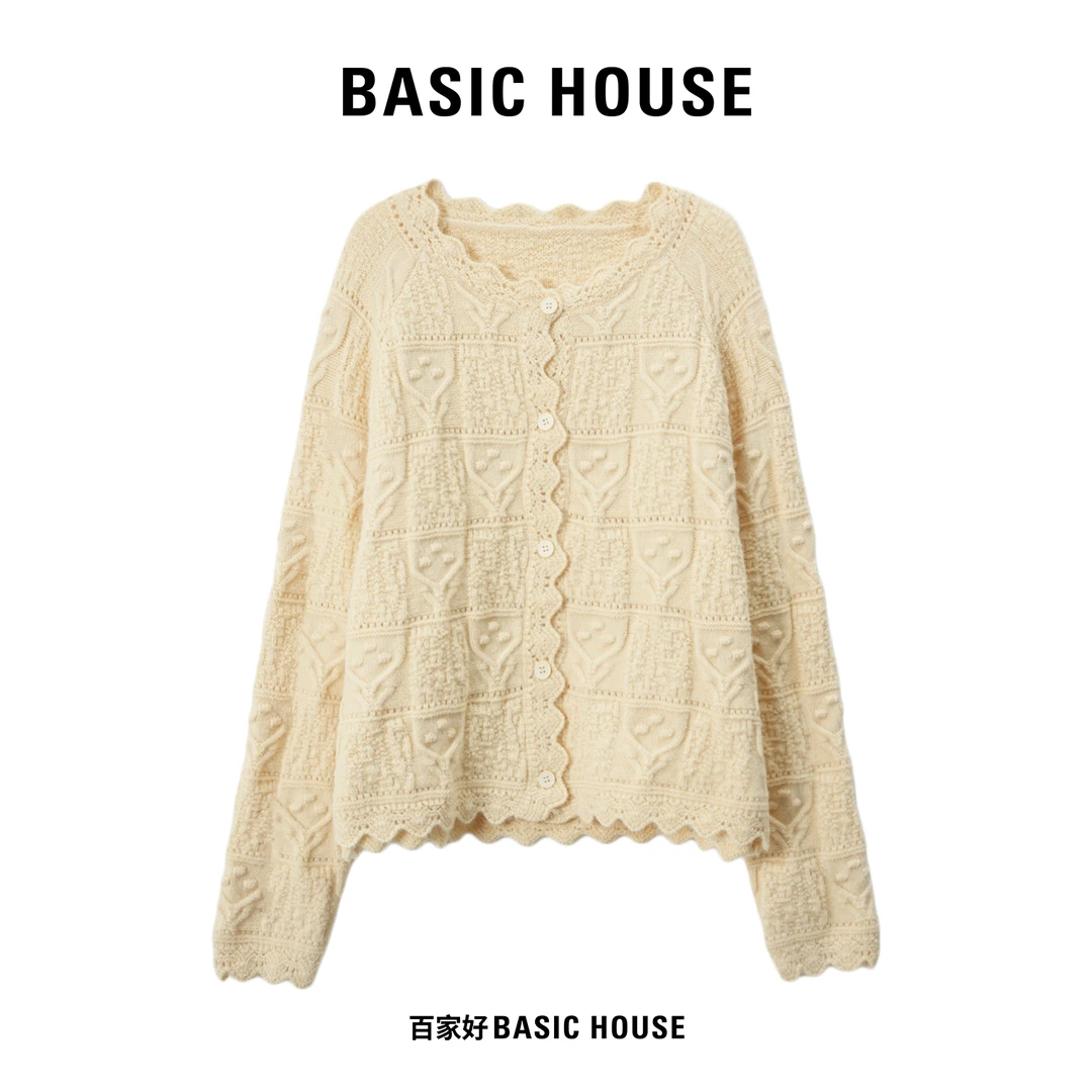 Basic House/百家好2025秋新款花边领慵懒风小香风针织衫T452 XX