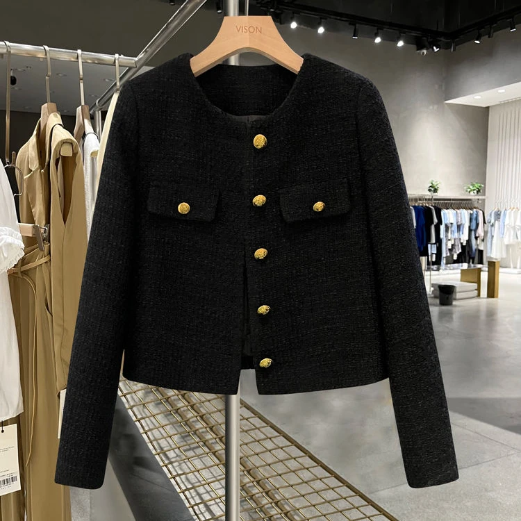 【现货+运费险】黑色高级圆领小香风短款外套小个子法式上衣ZF8015