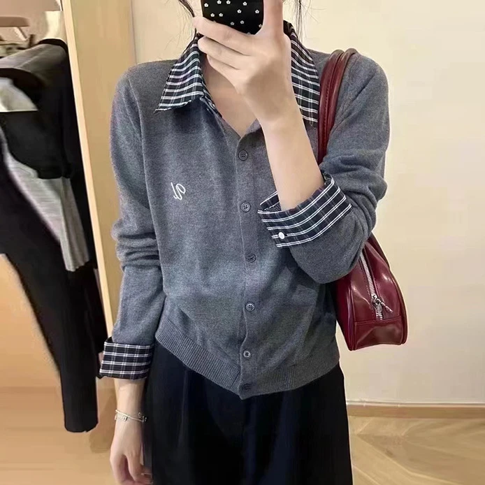 职业阿玛诗官哥家专柜2025年春秋季羊毛针织开衫女装格子拼接刺绣