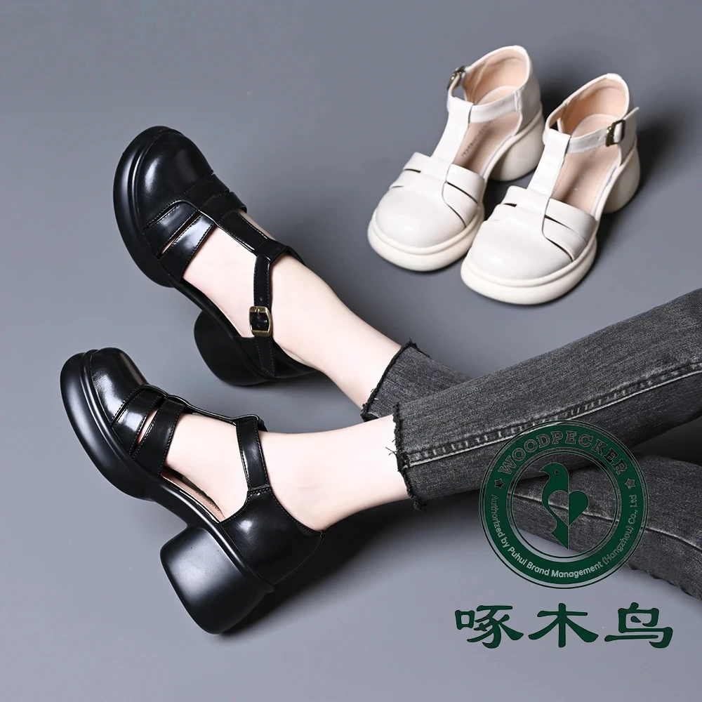 啄木鸟2025新款真皮牛皮时装凉鞋圆头浅口厚底不累脚镂空女鞋K7