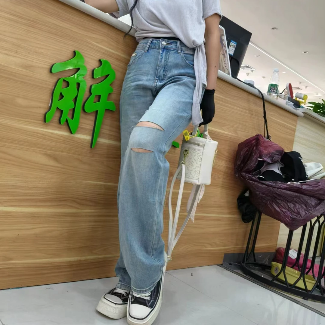 牛仔裤裤子蓝色直筒复古阔腿破洞水洗高腰宽松时尚休闲6053#