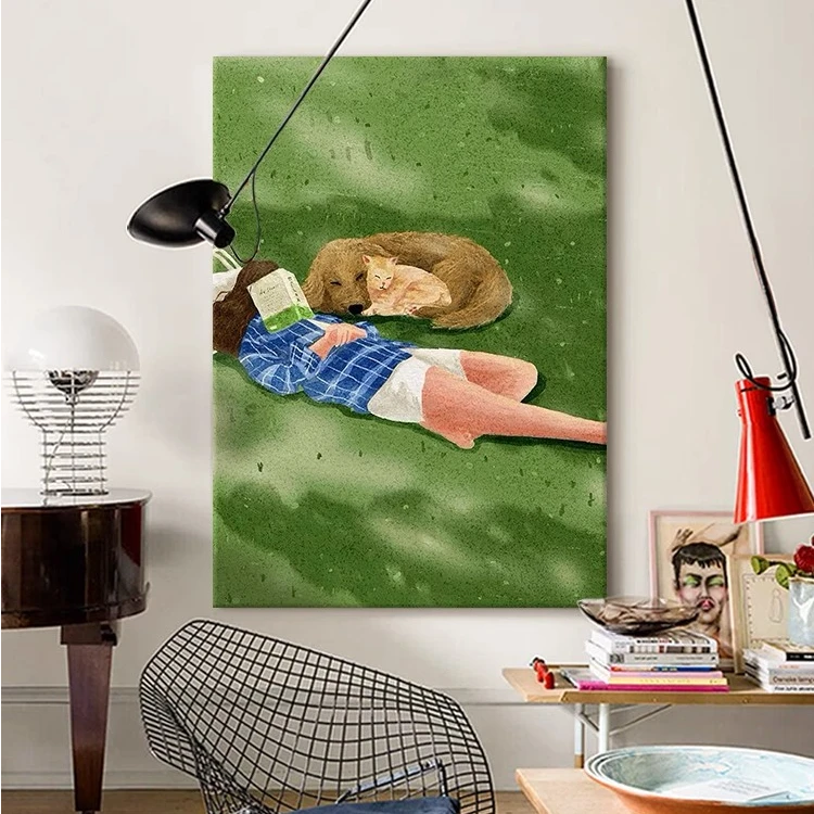 慵懒风女孩客厅绿色挂画卧室挂画小清新动物装饰画玄关小众
