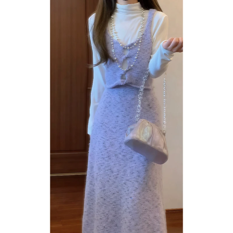 【冬日伊甸园】温柔风紫色叠穿马甲+半高领针织衫+半裙三件套9816