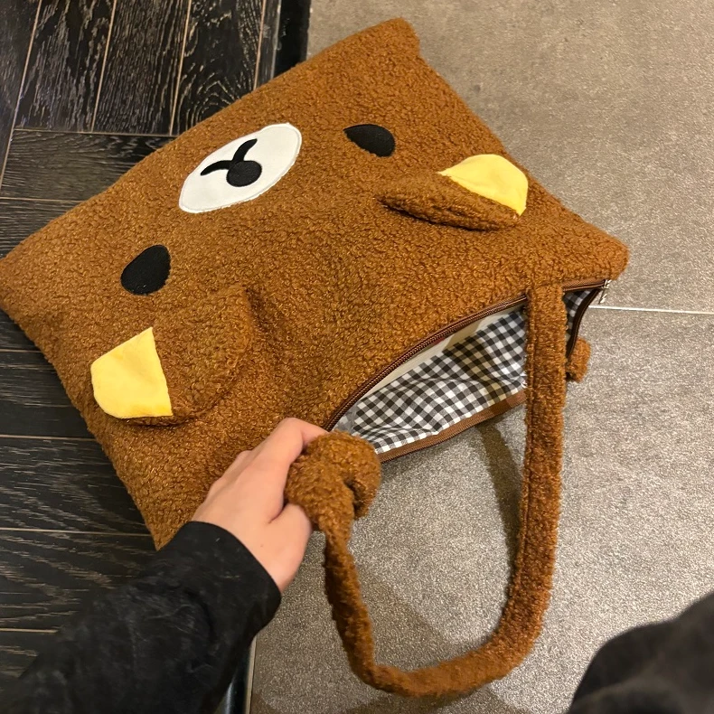 秋冬羊羔毛熊熊刺绣单肩包大容量通勤包包托特包软乎乎