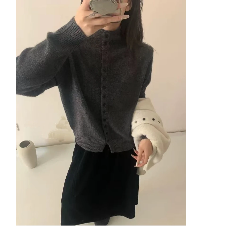 【专属】高级灰~立领长袖针织开衫秋冬单排扣设计感针织衫