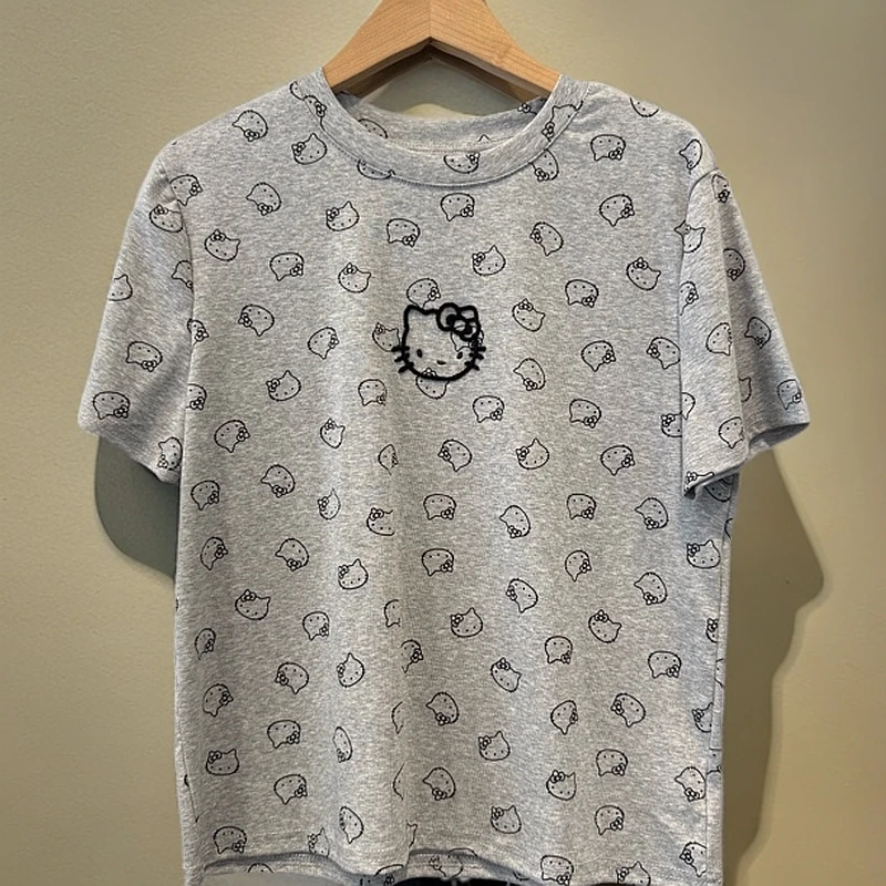春季新款韩版百搭圆领短袖T恤可爱卡通猫咪印花宽松显瘦