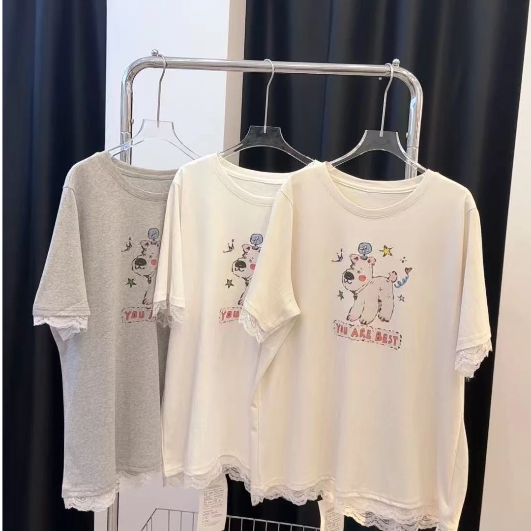 2025MM105春夏新款丝丝花边袖小狗印花半袖T恤