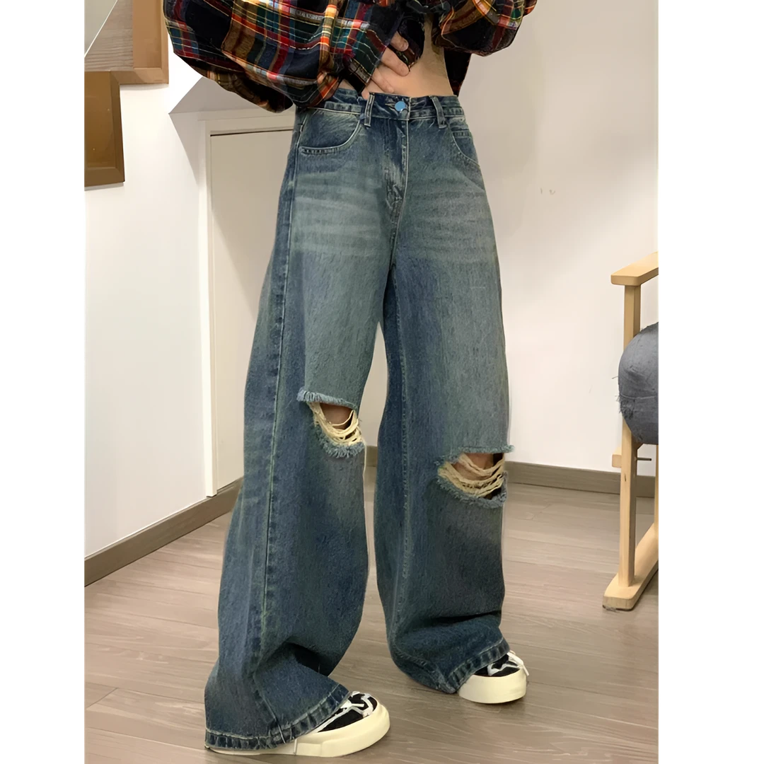 小个子美式复古破洞牛仔裤女高腰宽松显瘦直筒裤垂感阔腿拖地长裤