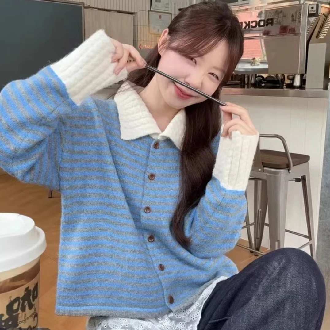 韩版拼色翻领条纹针织开衫女2025秋冬季新款宽松软糯百搭毛衣外套