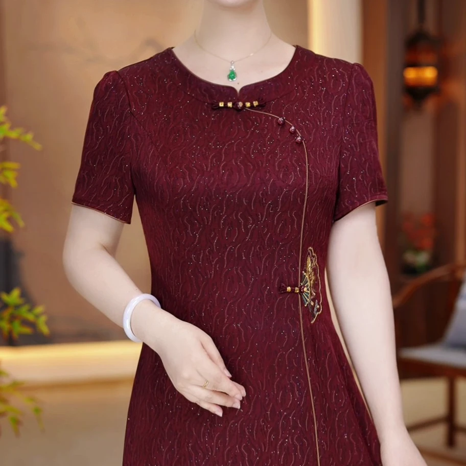 2025夏季新款大码遮肉显瘦改良旗袍裙子中老年短袖妈妈装连衣裙