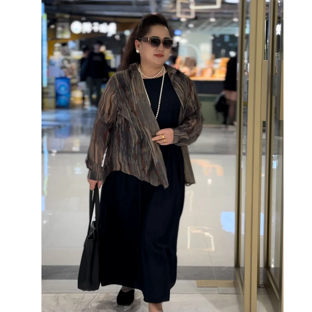 花纹长款单排多扣复古港风衬衫气质时尚拼接两件