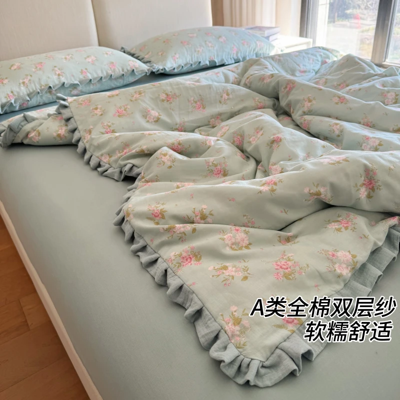 A类全棉双层纱皱皱花边款小清新四件套纯棉有氧软糯被套床上用品